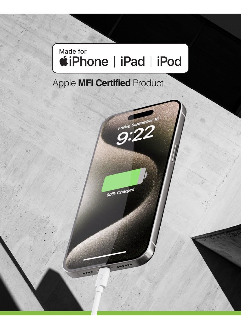 جوس كابل JUICE USB-A إلى Apple Lightning، مصنوع من مادة TPE معاد تدويرها بنسبة 100% ومعزّز للمتانة، يدعم الشحن ونقل البيانات، معتمد من MFI للشحن السريع، متوافق مع أحدث الطرازات: iPhone 17 و16 و15 و14 و13 و12 و11 Pro Max وXR وXS وX و8 وSE، بالإضافة إلى iPad، بطول 2 متر، باللون الأبيض. - Image 3